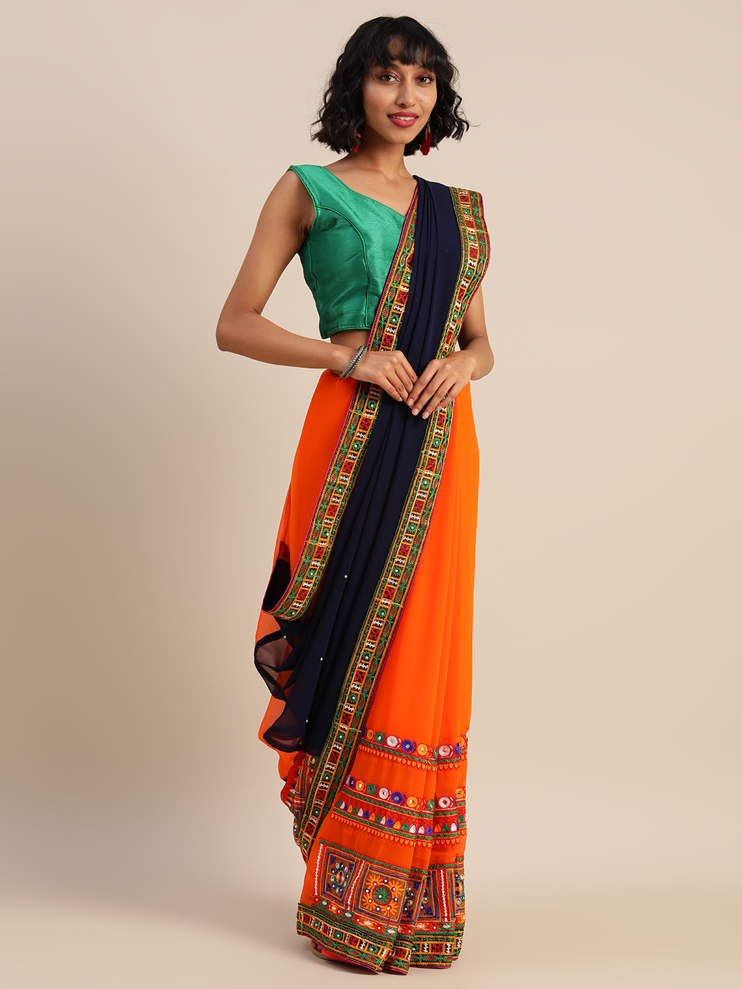 Mitera Navy Blue & Orange Pure Georgette Embroidered Half & Half Saree