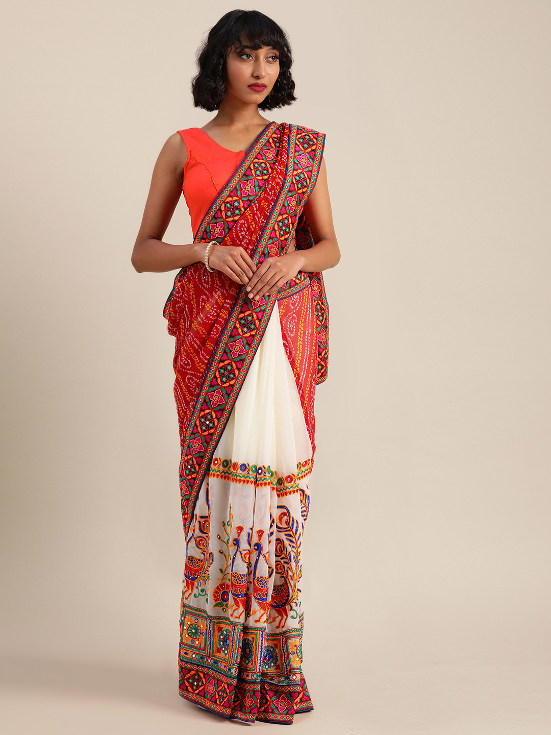 Mitera White & Red Pure Georgette Kutchi Embroidered Half and Half Saree