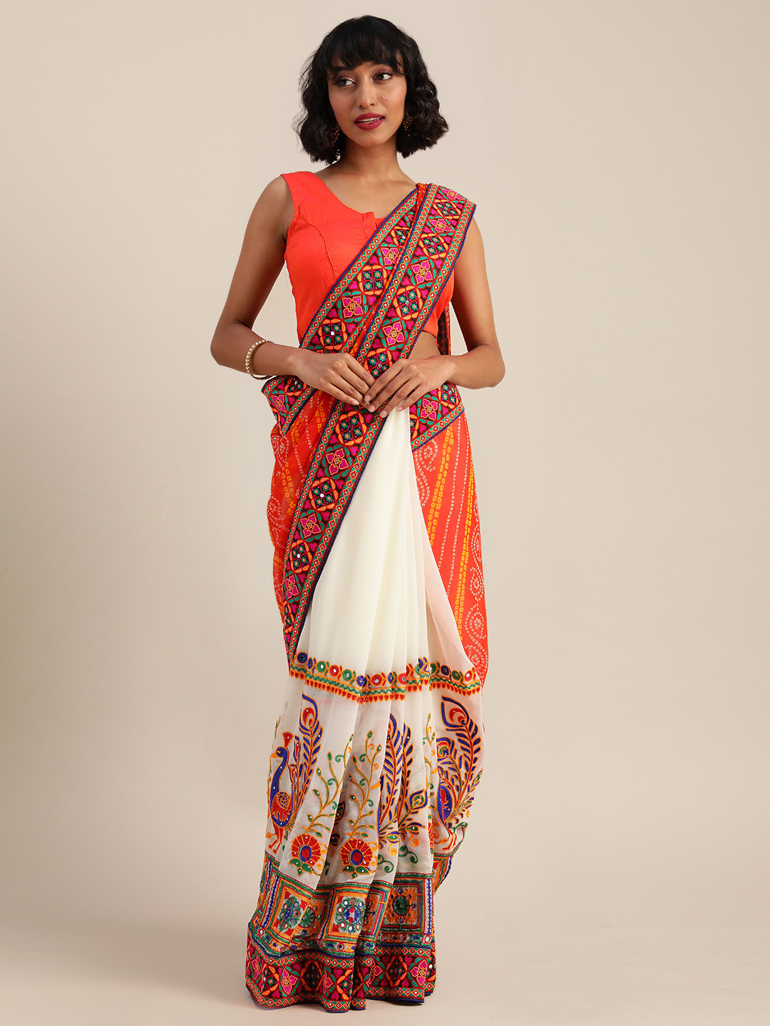 Mitera White & Orange Pure Georgette Kutchi Embroidered Half and Half Saree
