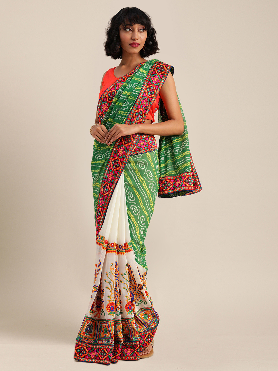 Mitera White & Green Pure Georgette Kutchi Embroidered Half and Half Saree