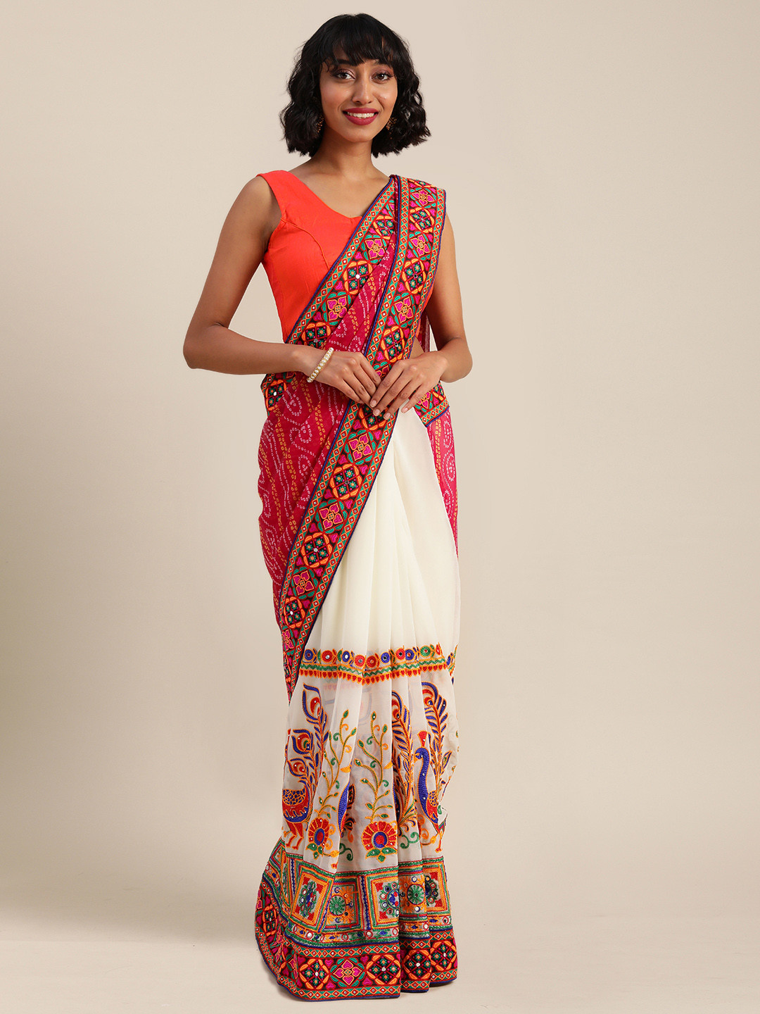 Mitera White & Pink Pure Georgette Kutchi Embroidered Half and Half Saree