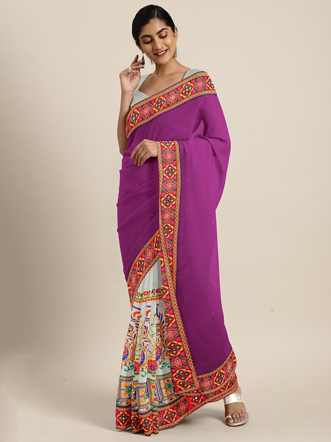 Mitera Purple & White Pure Georgette Embroidered Saree
