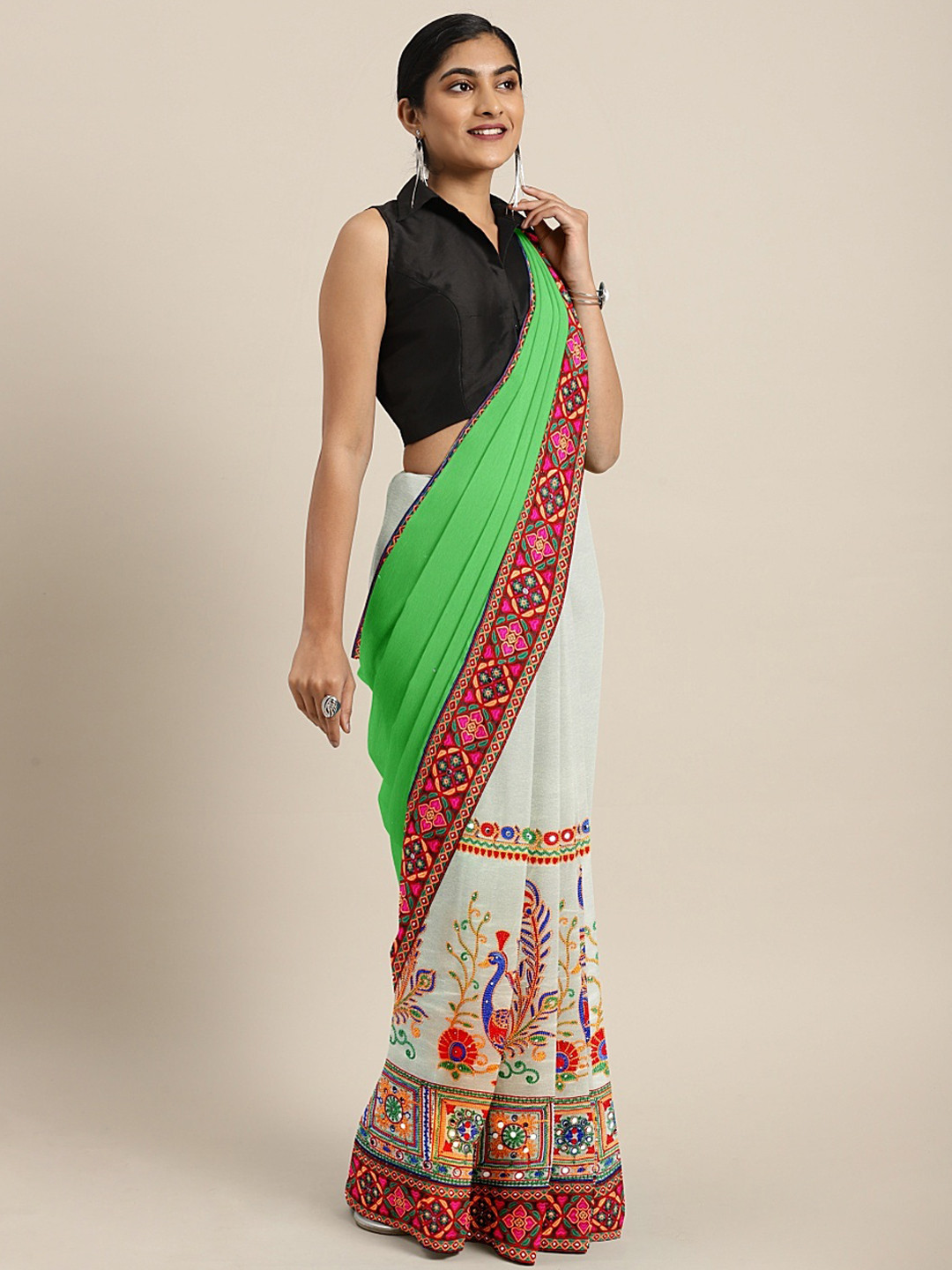 Mitera Green & Off-White Pure Georgette Kutchi Embroidered Saree