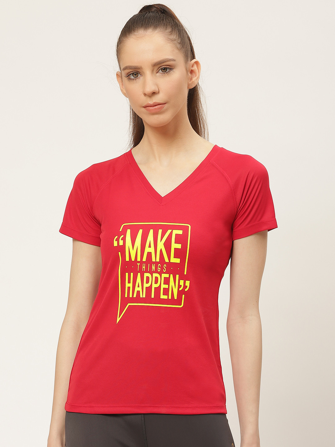 OFF LIMITS Women Red & Yellow Printed V-Neck T-shirt