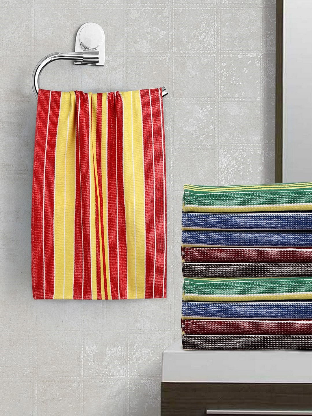 KLOTTHE Unisex Set Of 10 Striped 300 GSM Hand Towels