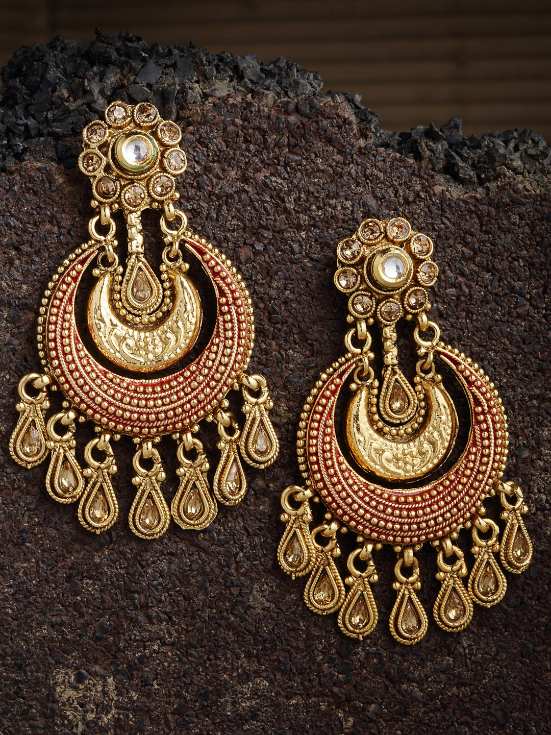 PANASH Red & Gold-Plated Handcrafted Kundan Classic Chandbalis