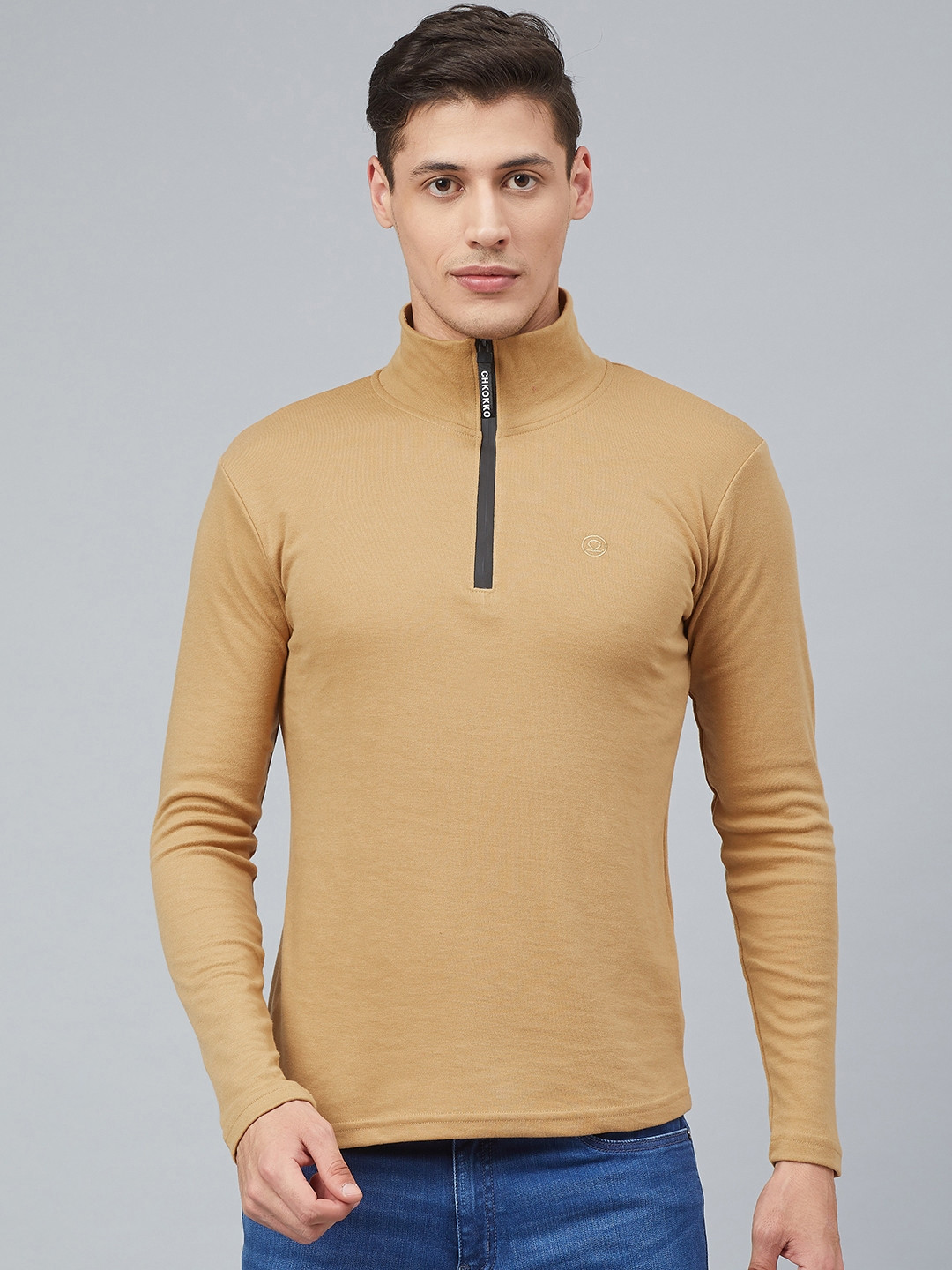 CHKOKKO Men Mustard Brown Solid Mock Collar T-shirt