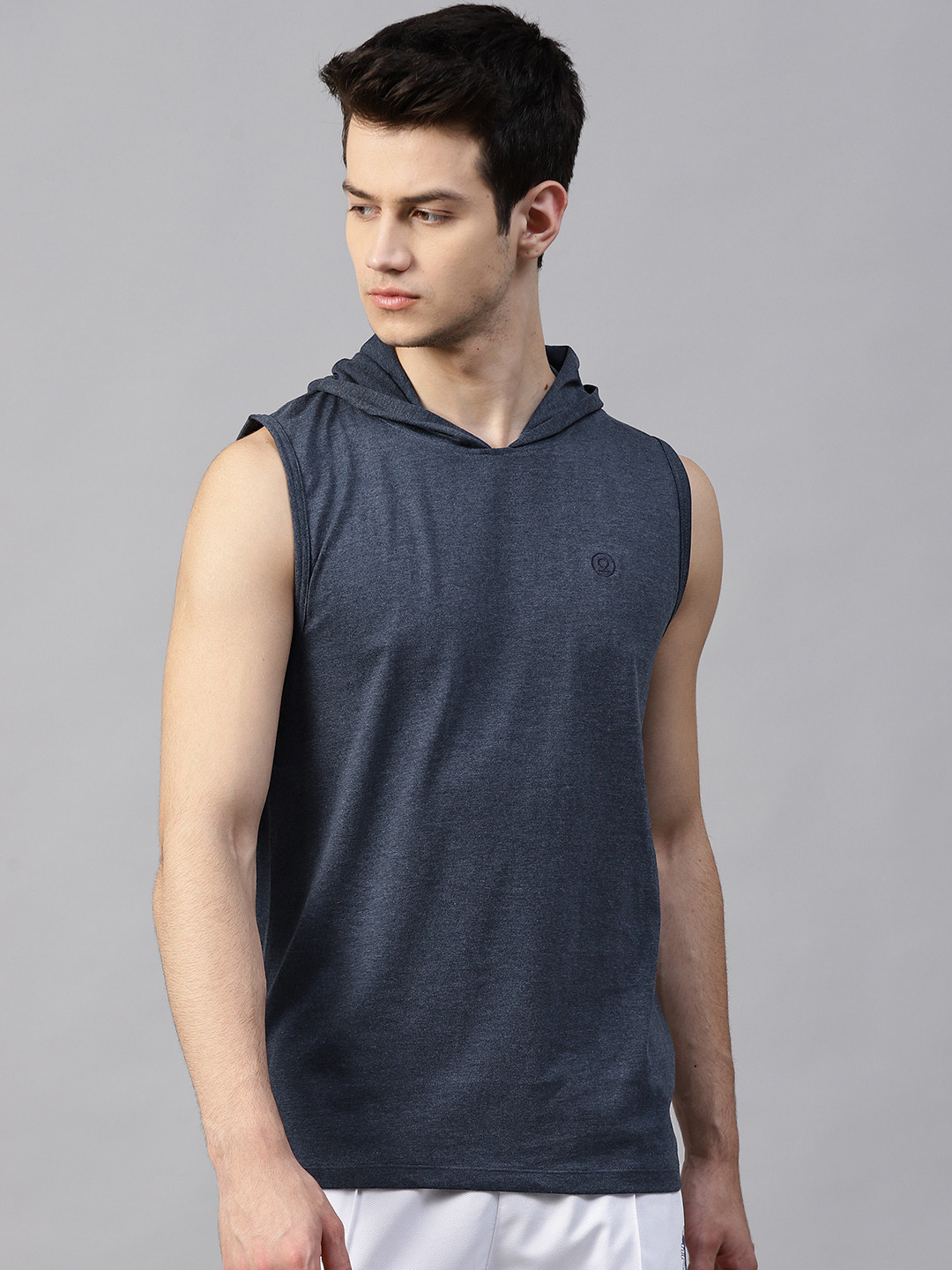 CHKOKKO Men Navy Blue Sleeveless Solid Hooded Training T-shirt