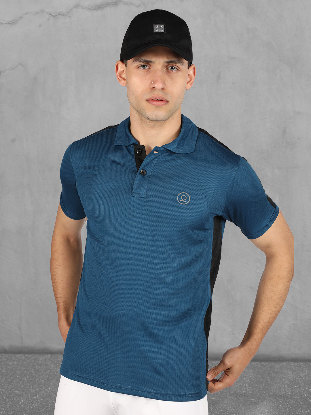 CHKOKKO Men Teal Blue & Black Solid Polo Collar Gym T-shirt