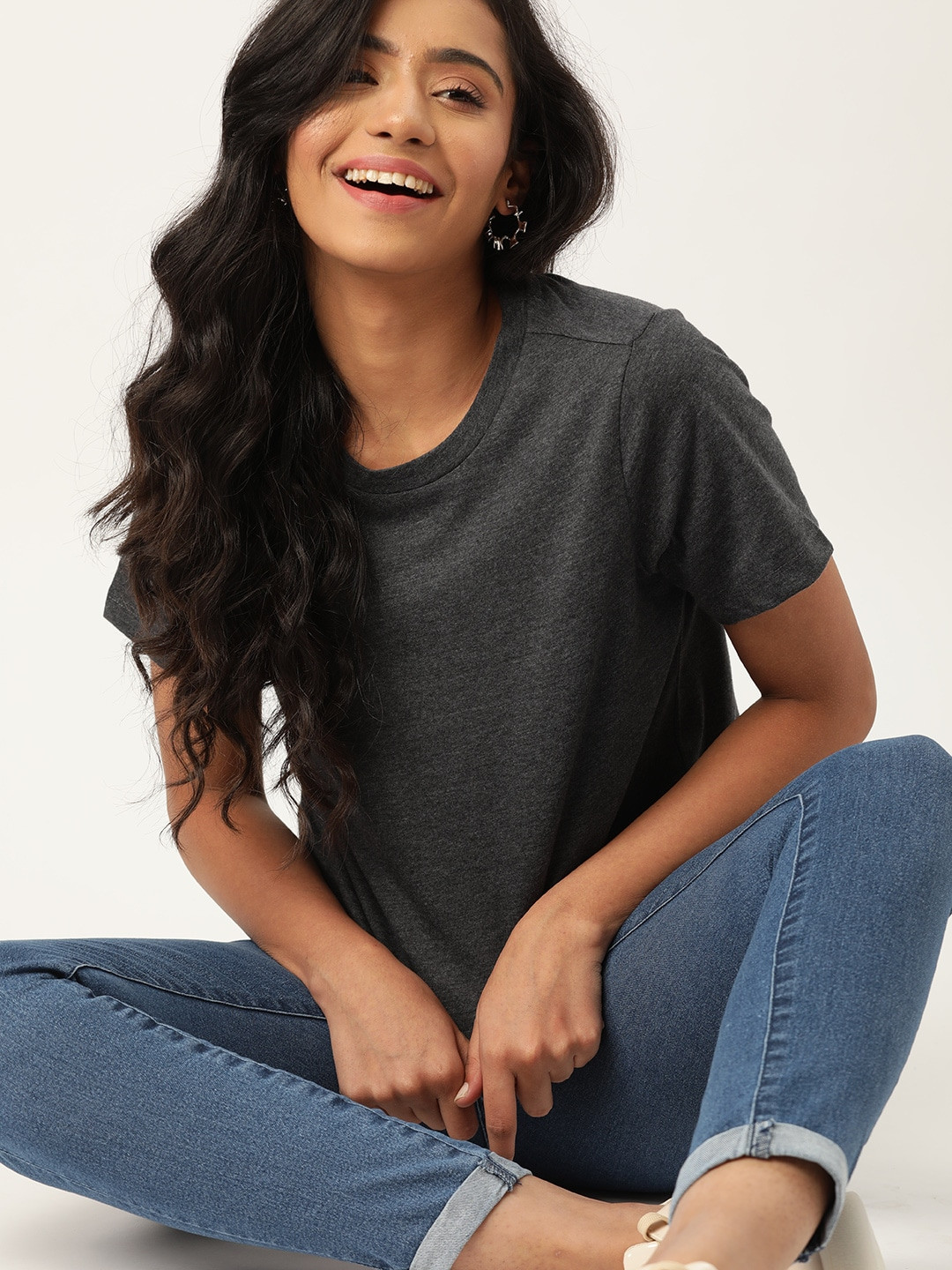 DressBerry Women Charcoal Grey Boxy Fit Solid Round Neck  Cotton T-shirt