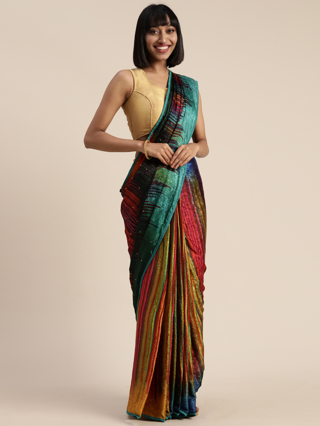 Mitera Multicoloured Striped Poly Crepe Saree