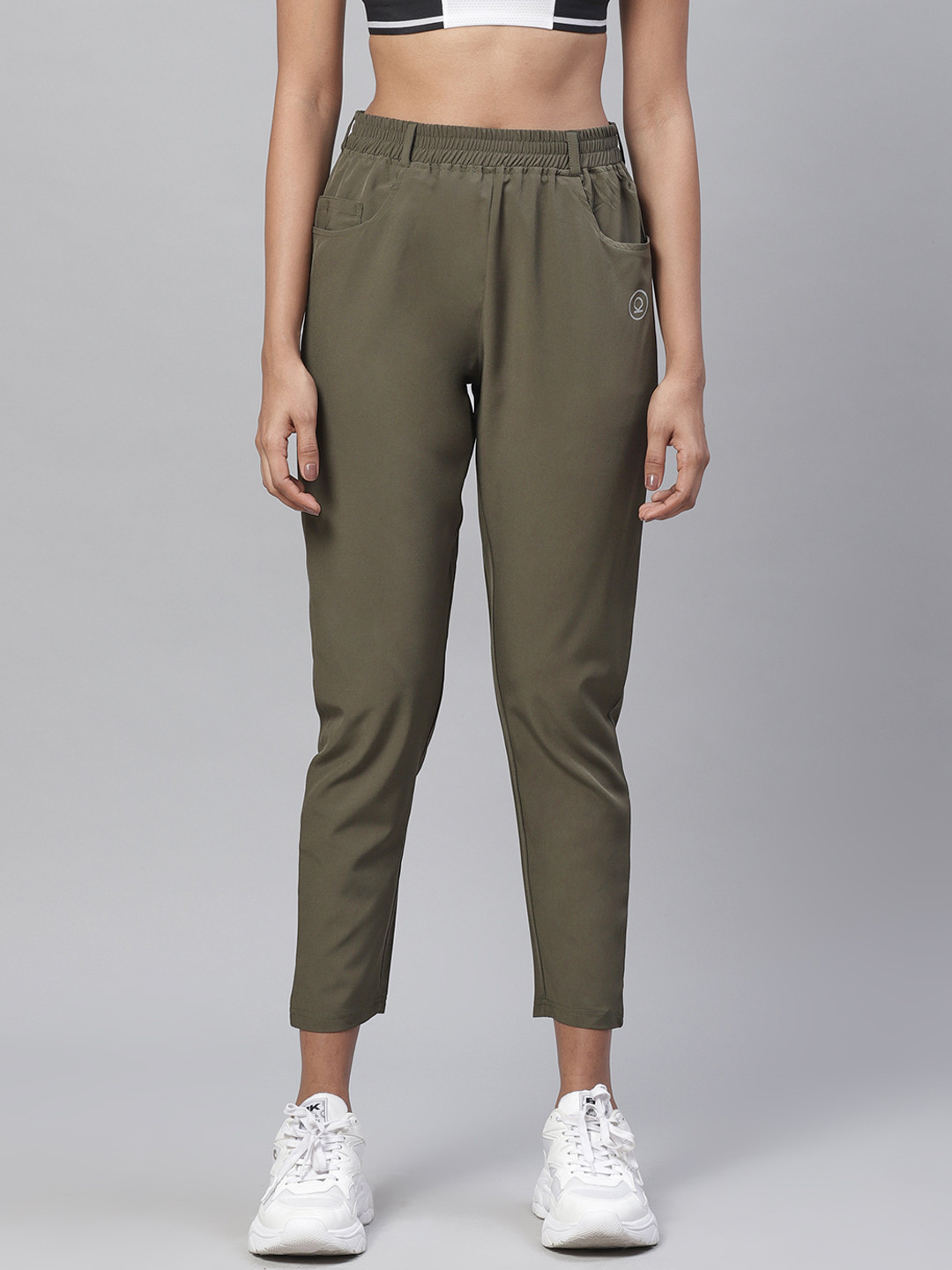 CHKOKKO Women Olive Green Solid Cropped Workout Track Pants