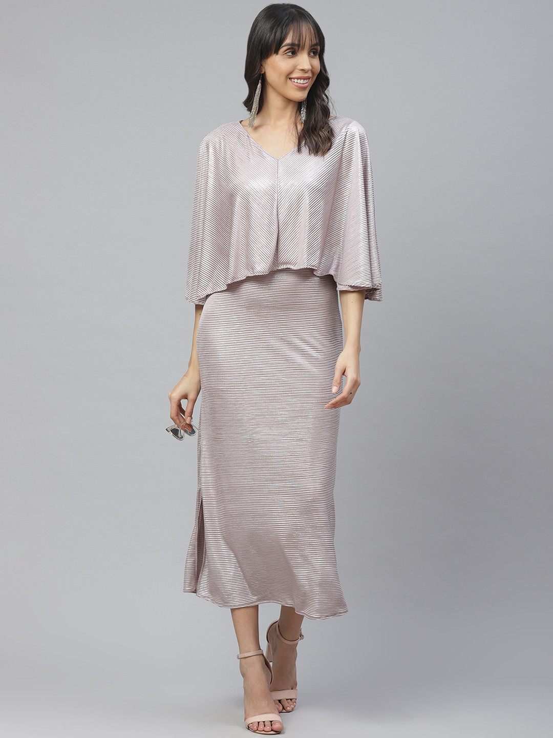 ATRAENTA Women Dust Pink Shimmer Detail Self Design Fit and Flare Dress