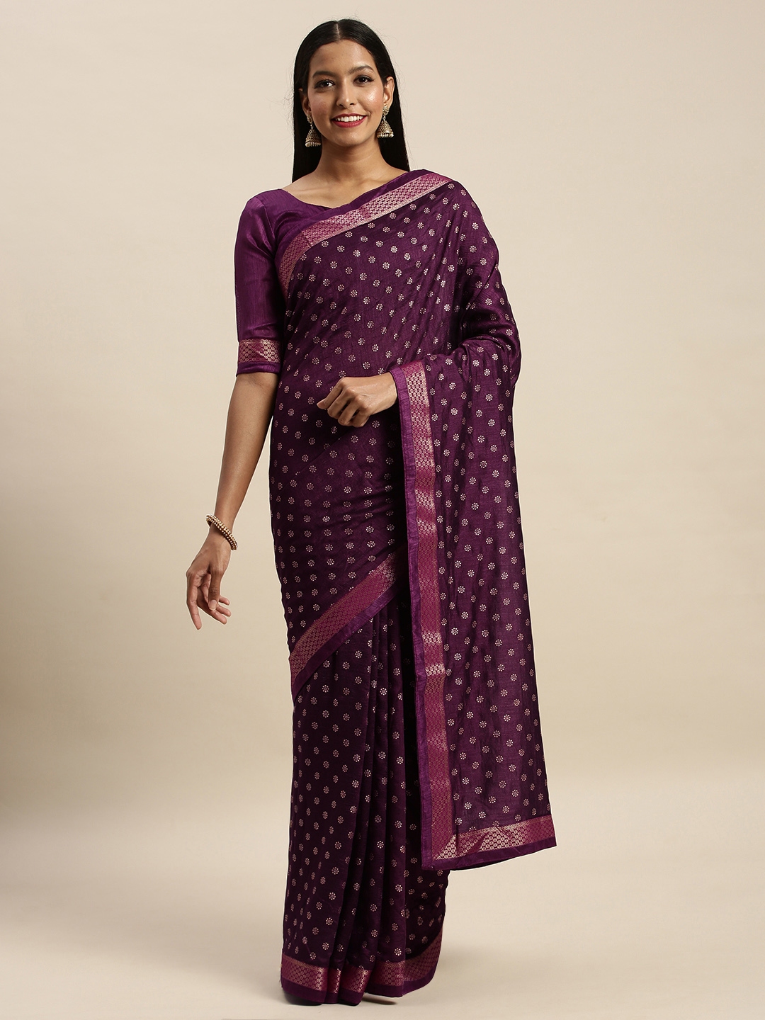 Amrutam Fab Purple Silk Cotton Foil Printed Celebrity Saree