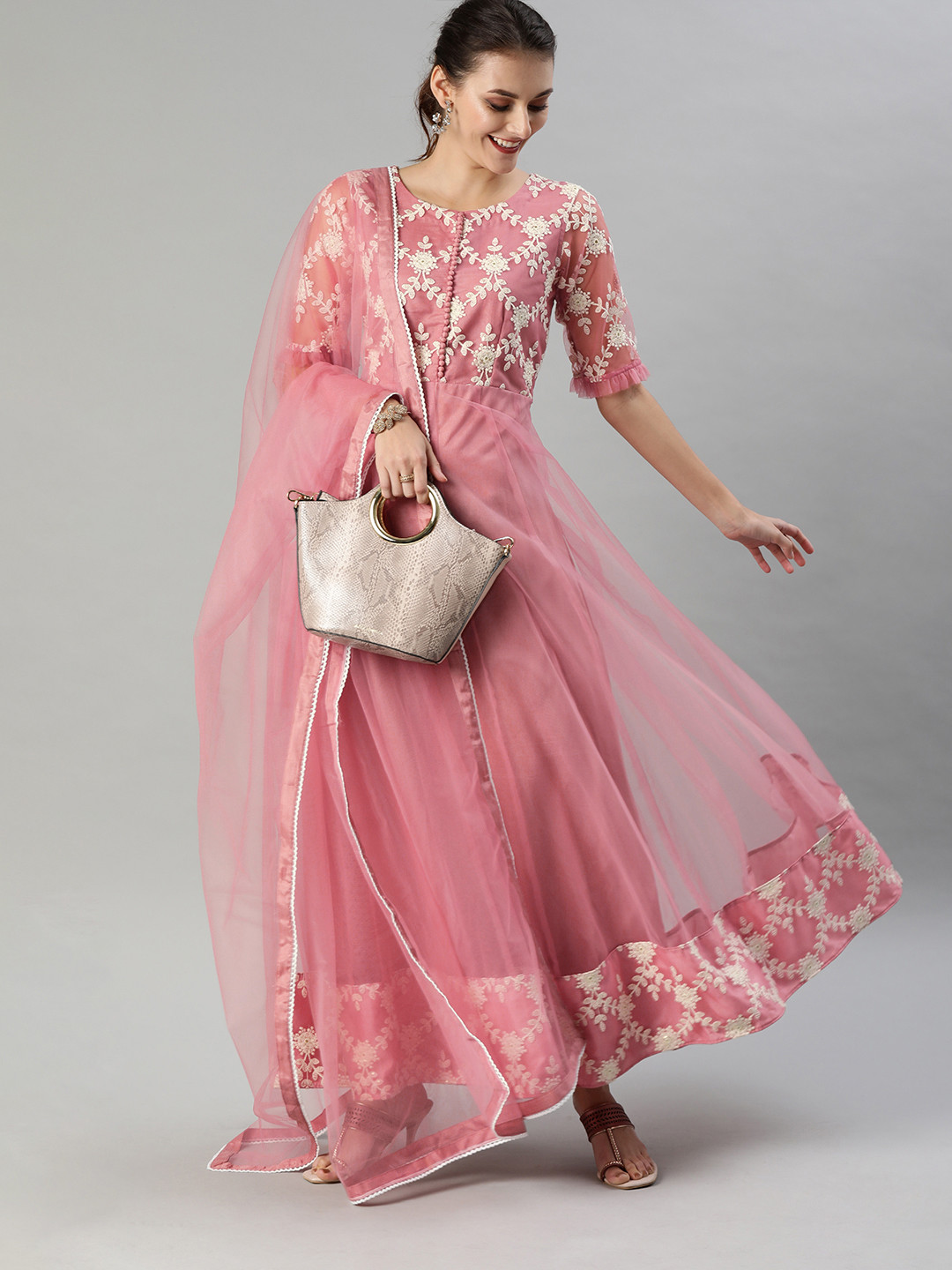 Inddus Women Pink Embroidered Anarkali Kurta With Dupatta