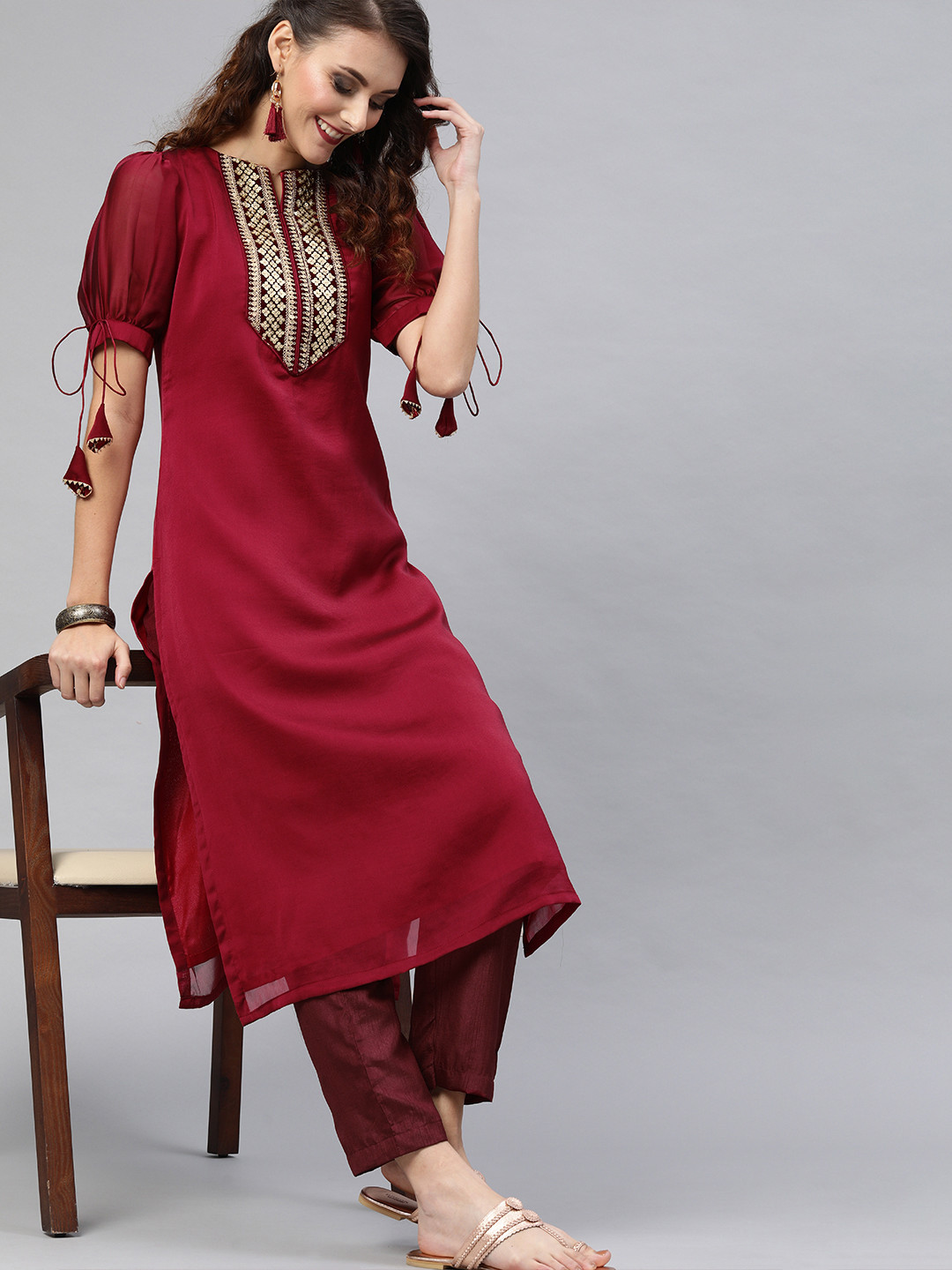 Inddus Women Maroon Embroidered Yoke Design Kurta with Trousers