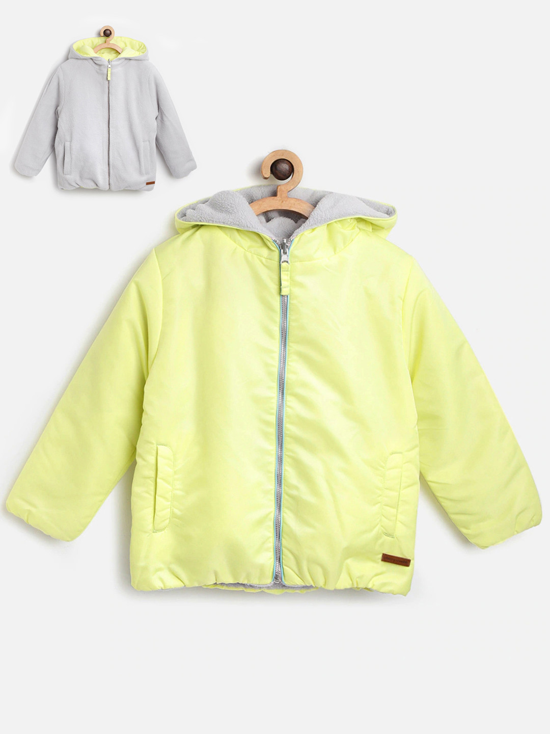 Cherry Crumble Kids Lime Green & Grey Solid Hooded Reversible Padded Jacket