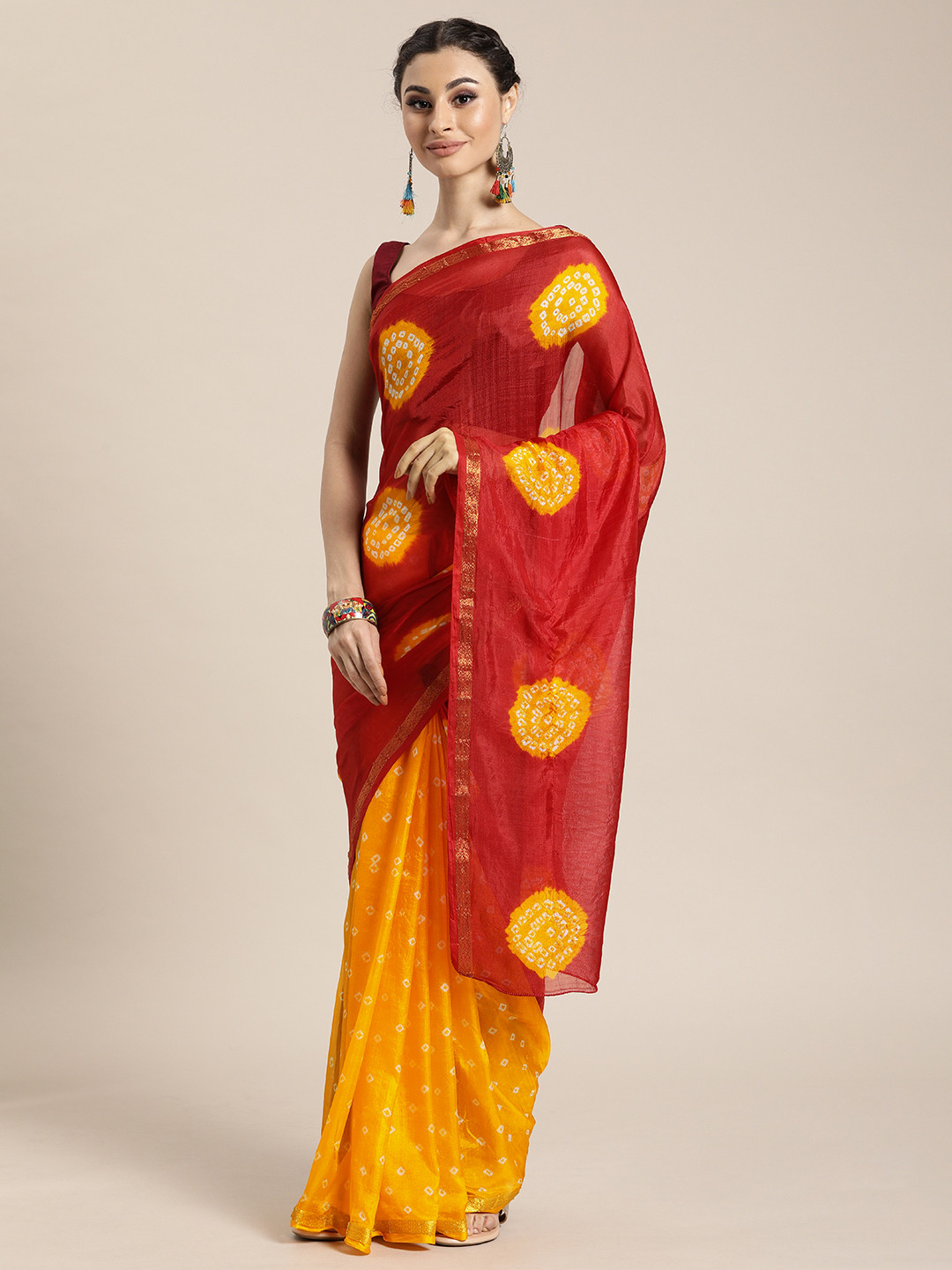 Geroo Jaipur Hand Dyed Red & Yellow Bandhani Silk  Sustainable Saree