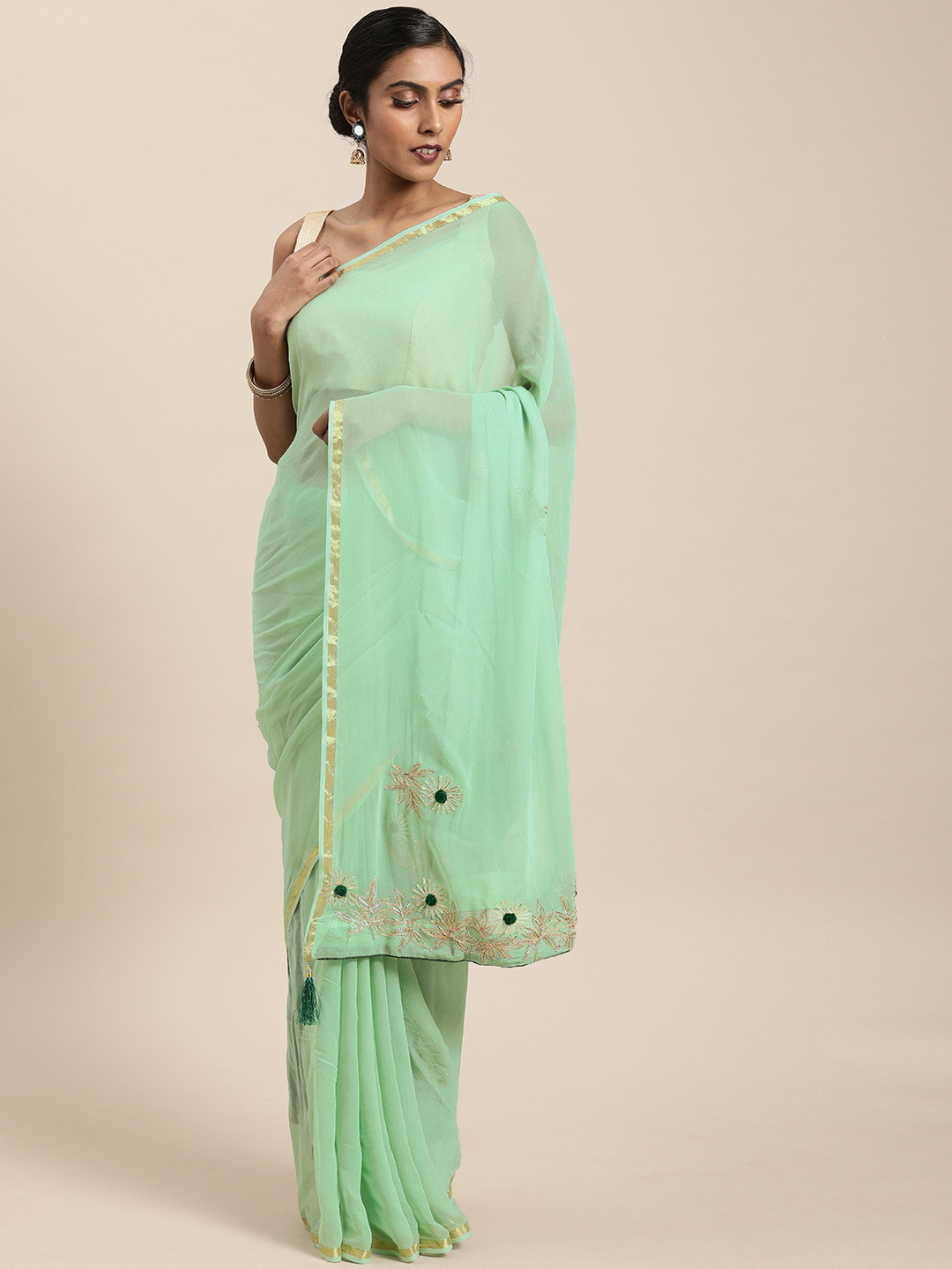 Geroo Jaipur Green Gota Patti Hand Embroidered Georgette  Sustainable Saree
