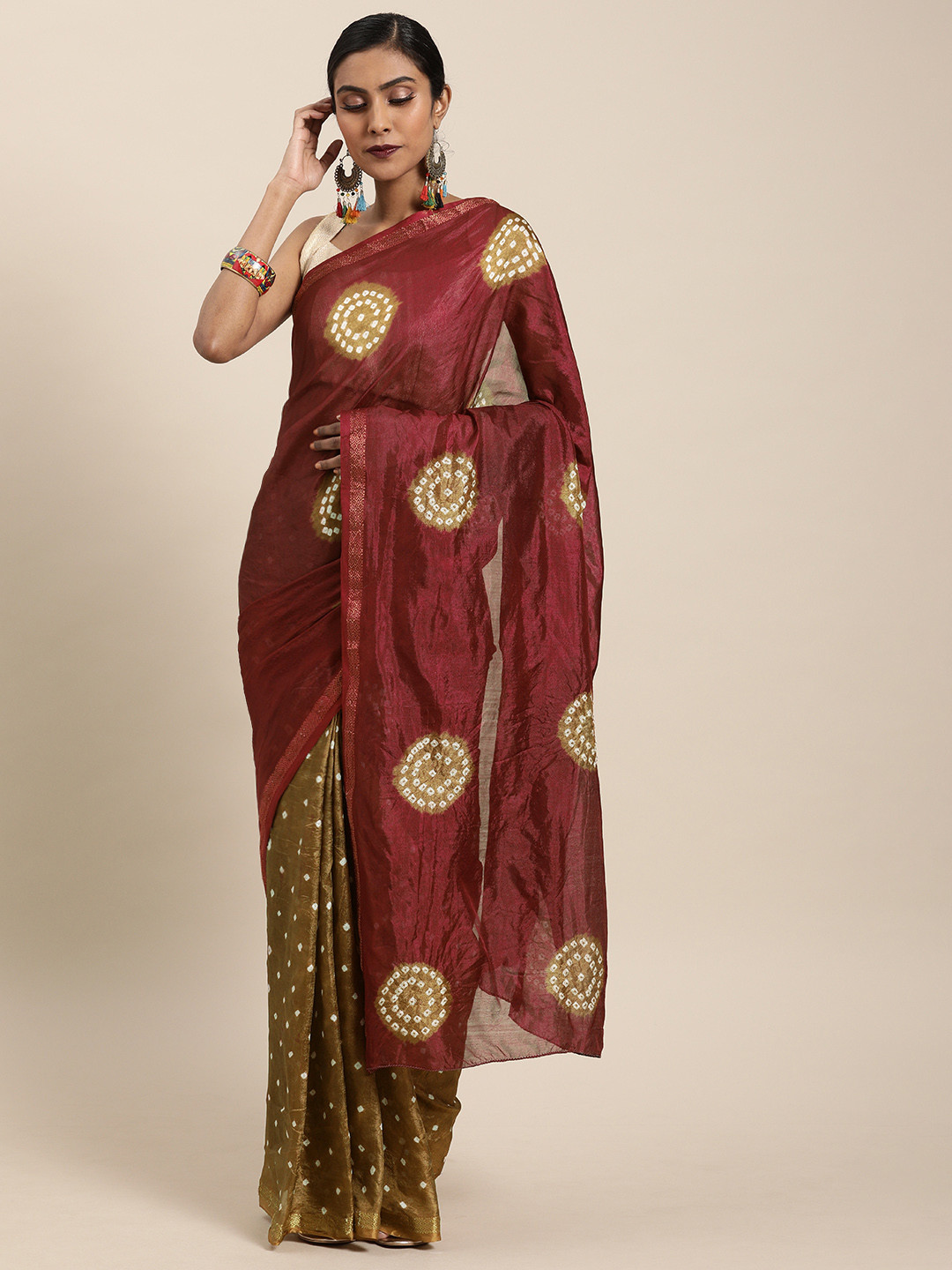 Geroo Jaipur Hand Dyed Maroon & Olive Green Bandhani Silk  Saree