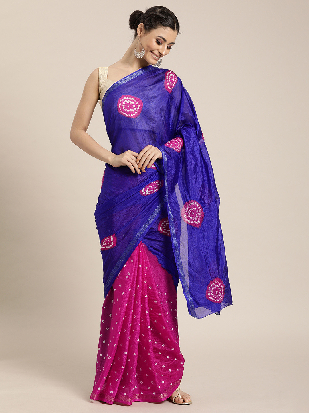 Geroo Jaipur Hand Dyed Blue & Pink Bandhani Silk  Saree