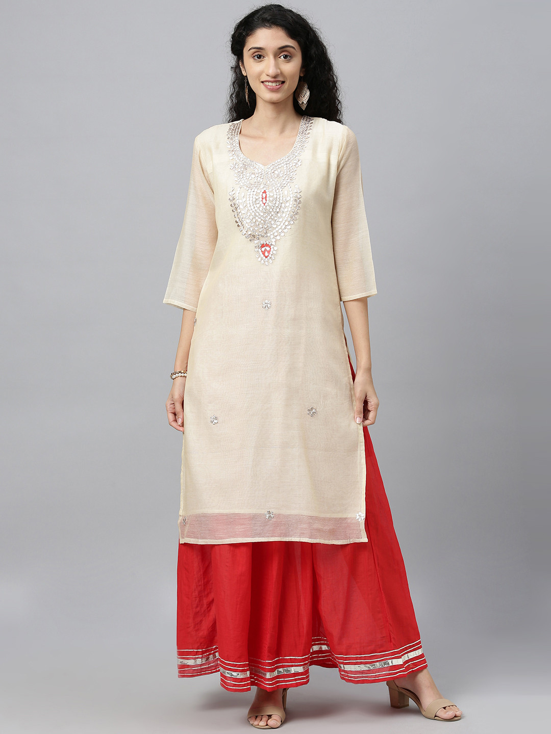 Geroo Jaipur Beige Hand Embroidered Chanderi Silk Kurta with Red Palazzo