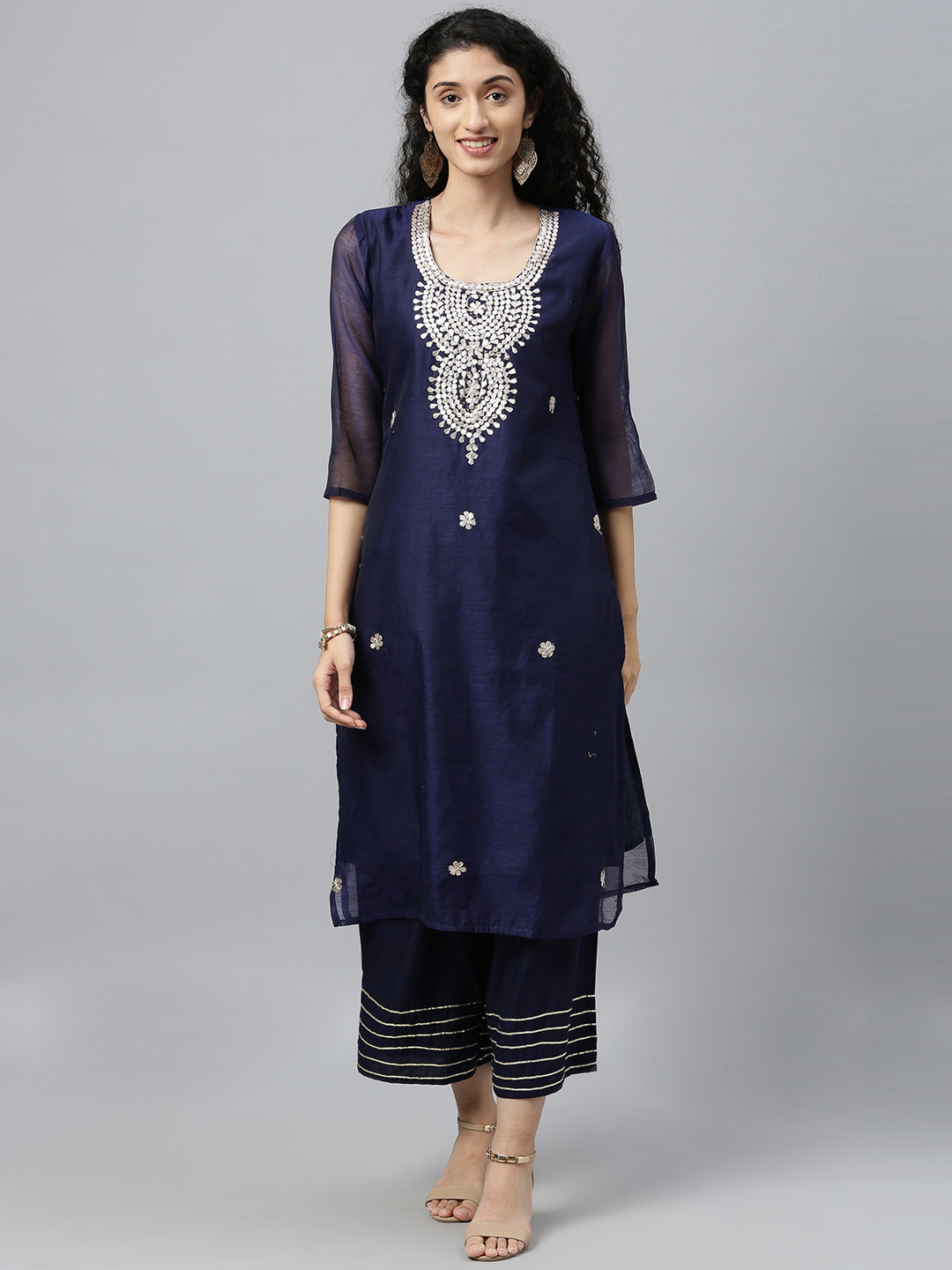 Geroo Jaipur Navy Blue Hand Embroidered Chanderi Kurta with Palazzo