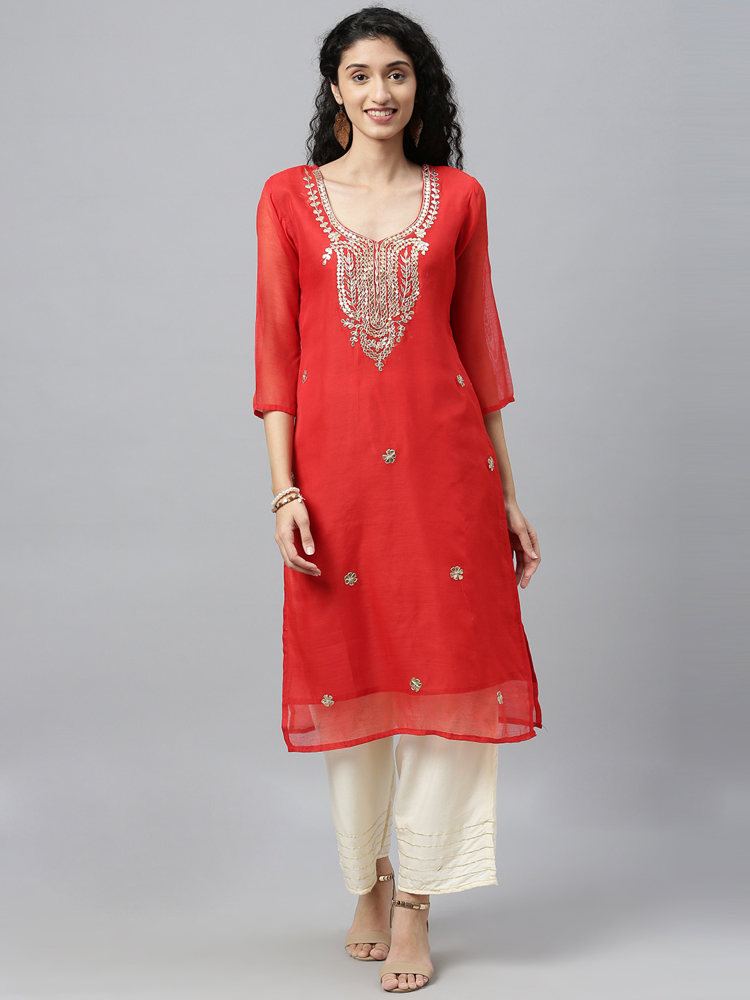 Geroo Jaipur Red Hand Embroidered Chanderi Kurta with Off White  Palazzo
