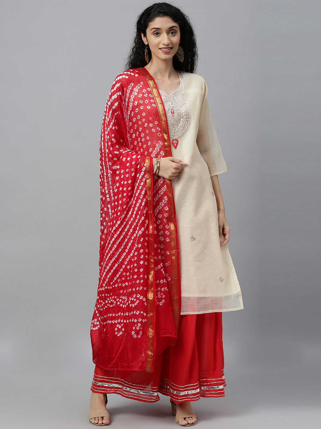 Geroo Jaipur Beige Hand Embroidered Chanderi Sustainable Kurta with Palazzo & Bandhani Dupatta