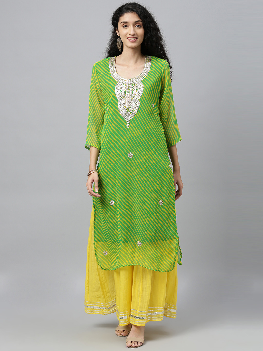 Geroo Jaipur Green Hand dyed Leheriya Georgette Sustainable Kurta with Yellow Palazzo