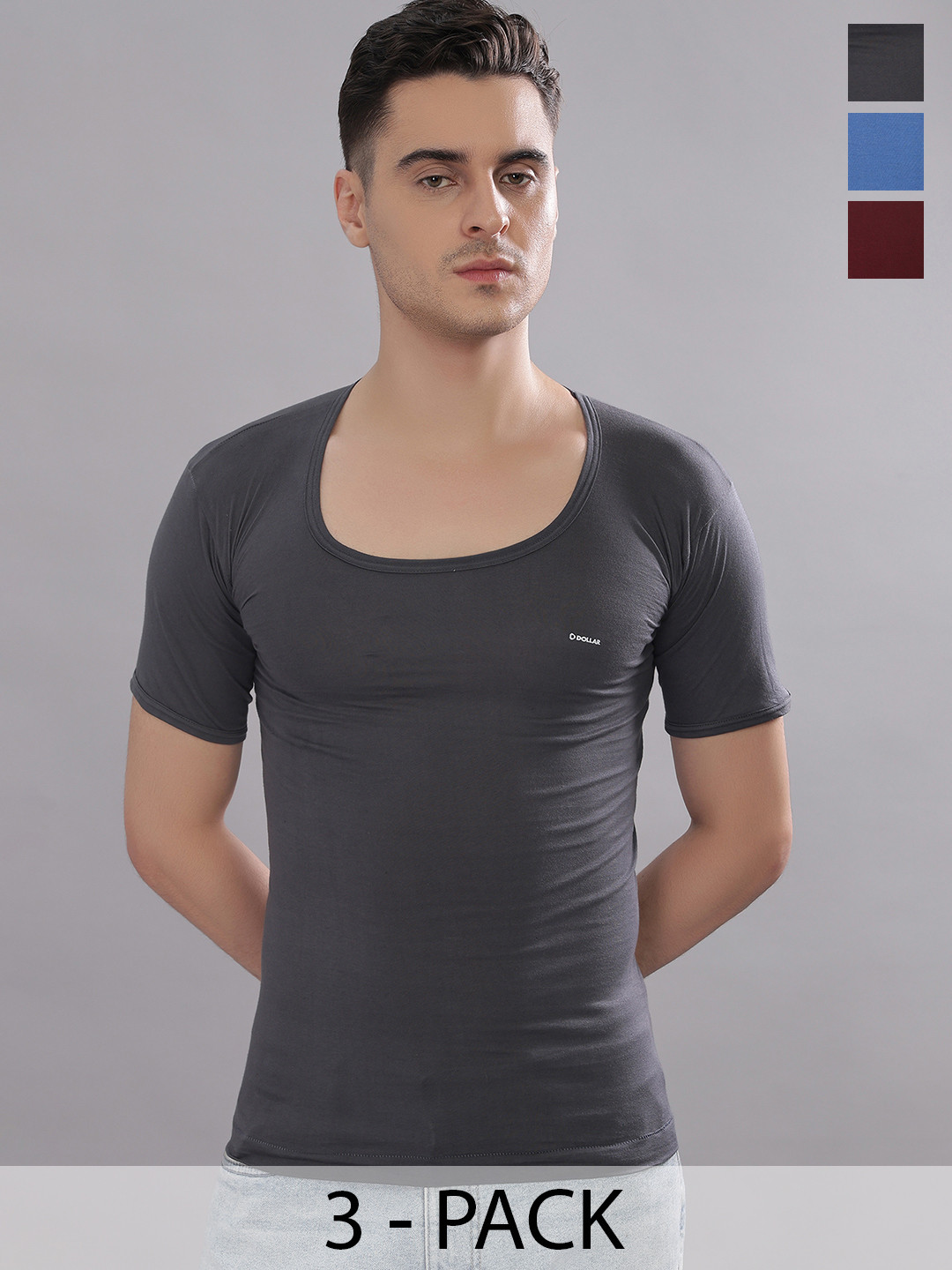Dollar Bigboss Men Solid Pack of 3 Cotton Shrinkless Round Neck Vest