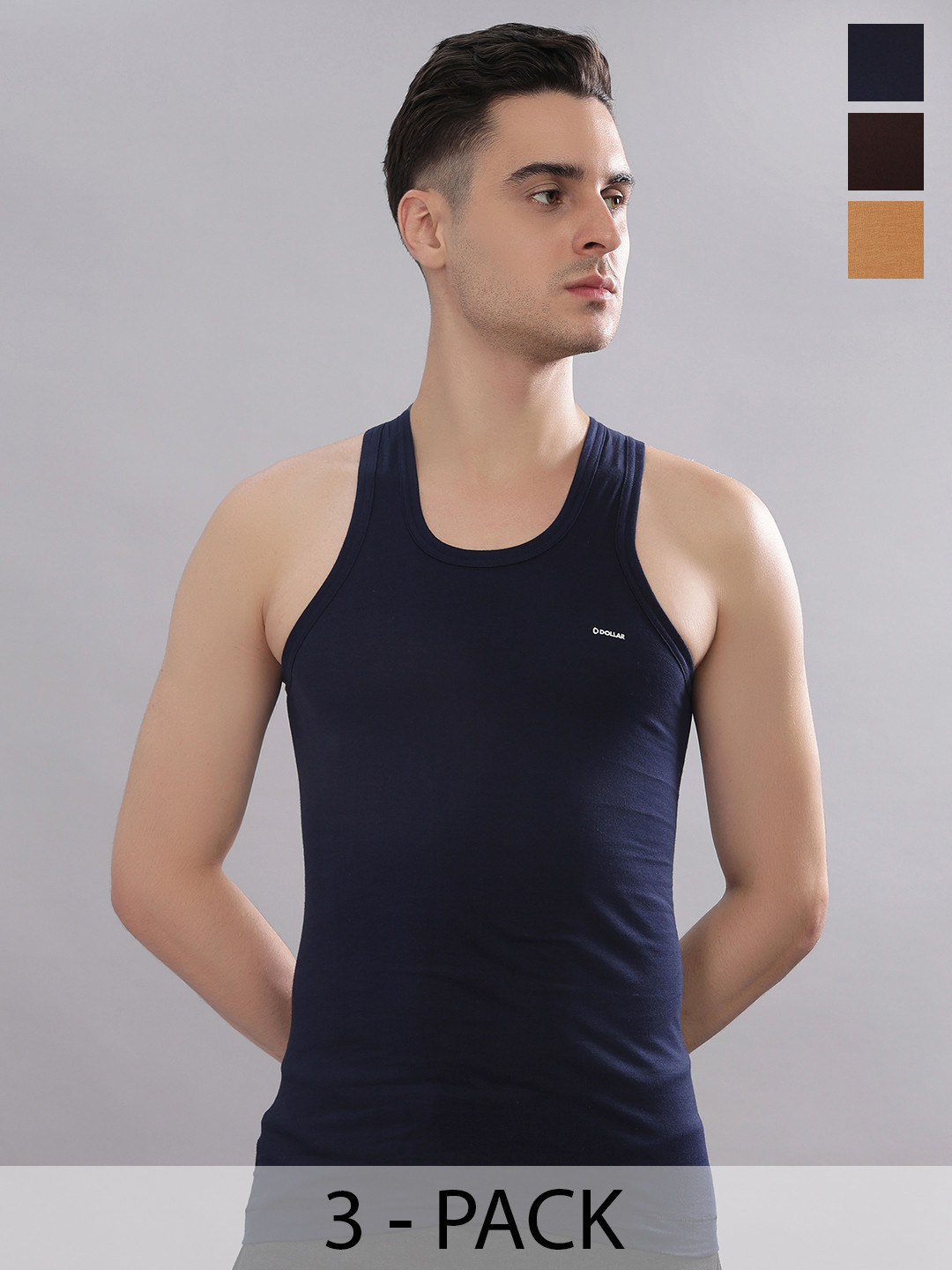Dollar Bigboss Men Solid Pack of 3 Combed Cotton Casual Vest