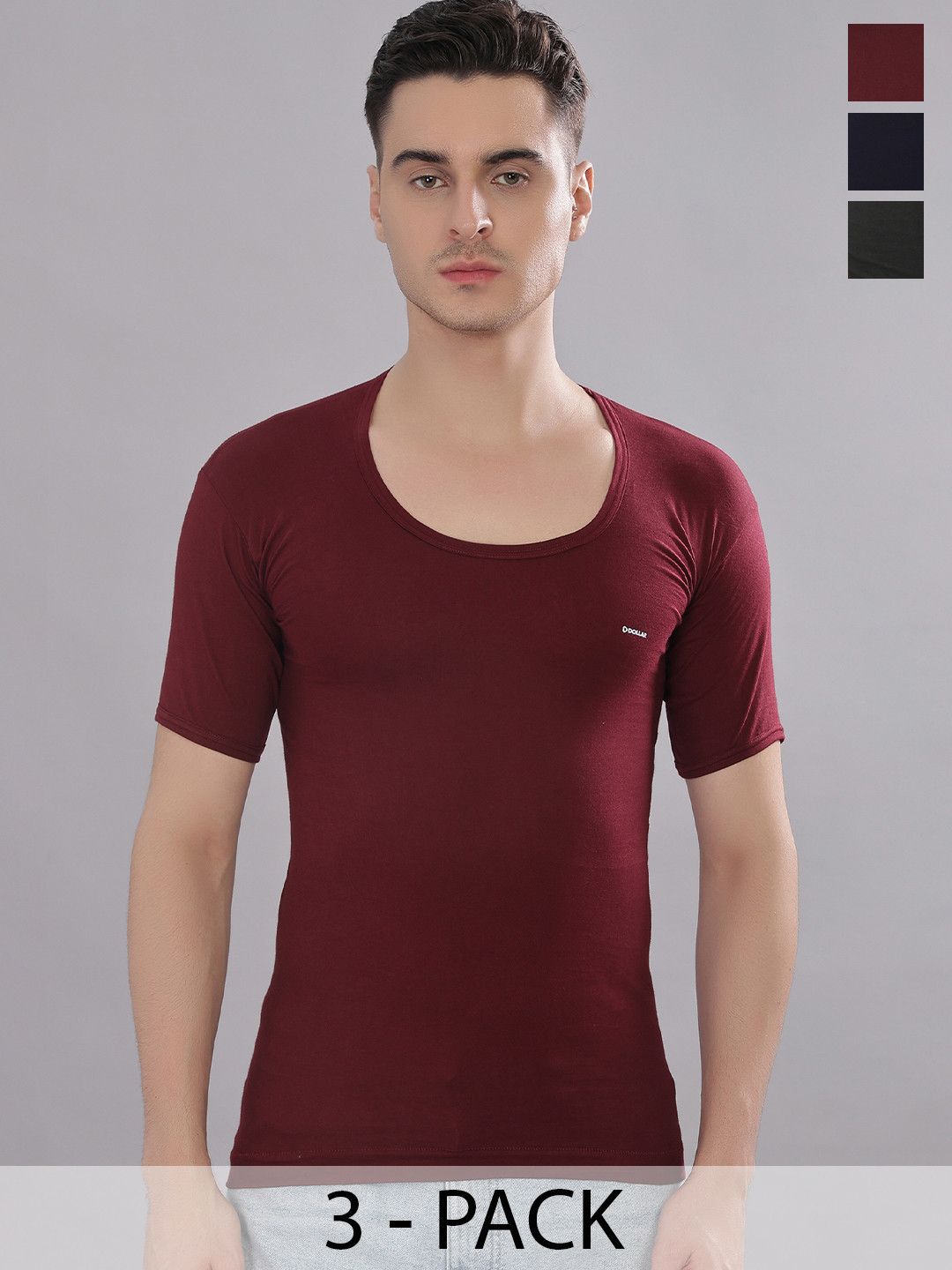 Dollar Bigboss Men Solid Pack of 3 Cotton Shrinkless Round Neck Vest