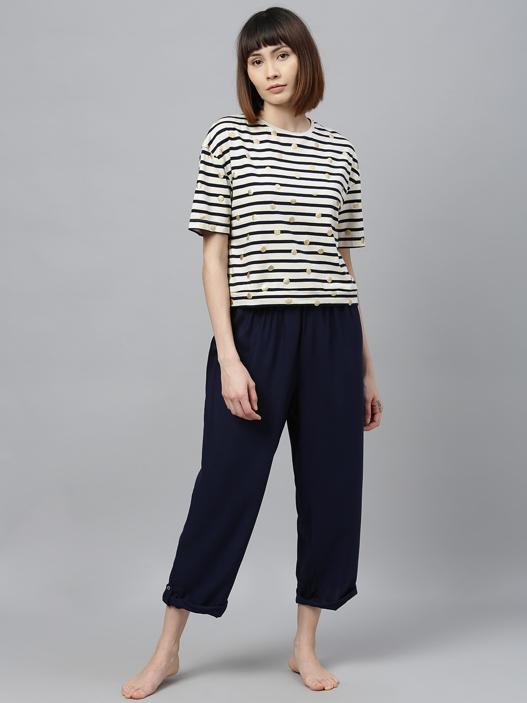 Chemistry Women Cream-Coloured & Navy Blue Striped Night Suit