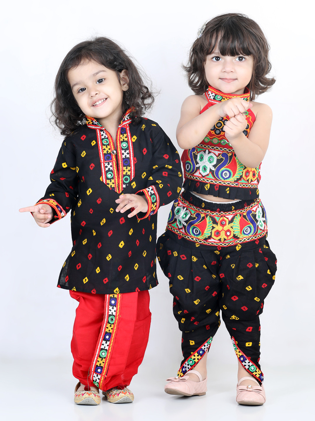 BownBee Girls Black & Yellow Embroidered Kurti with Dhoti Pants