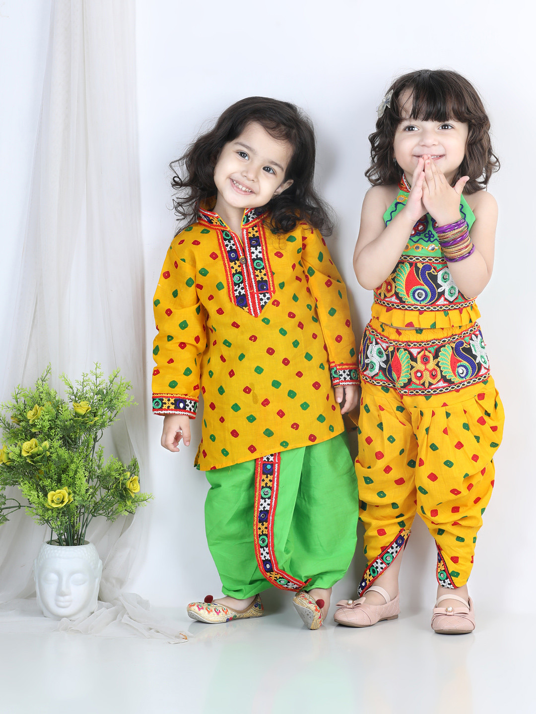 BownBee Girls Yellow & Green Printed Top with Dhoti Pants
