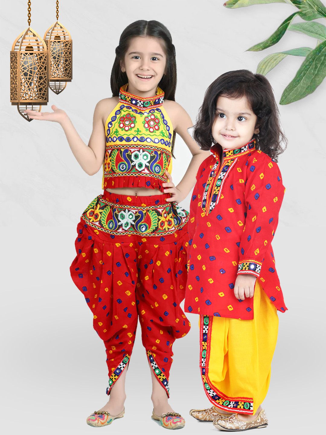 BownBee Girls Red & Yellow Embroidered Halter Crop Top with Dhoti Pants