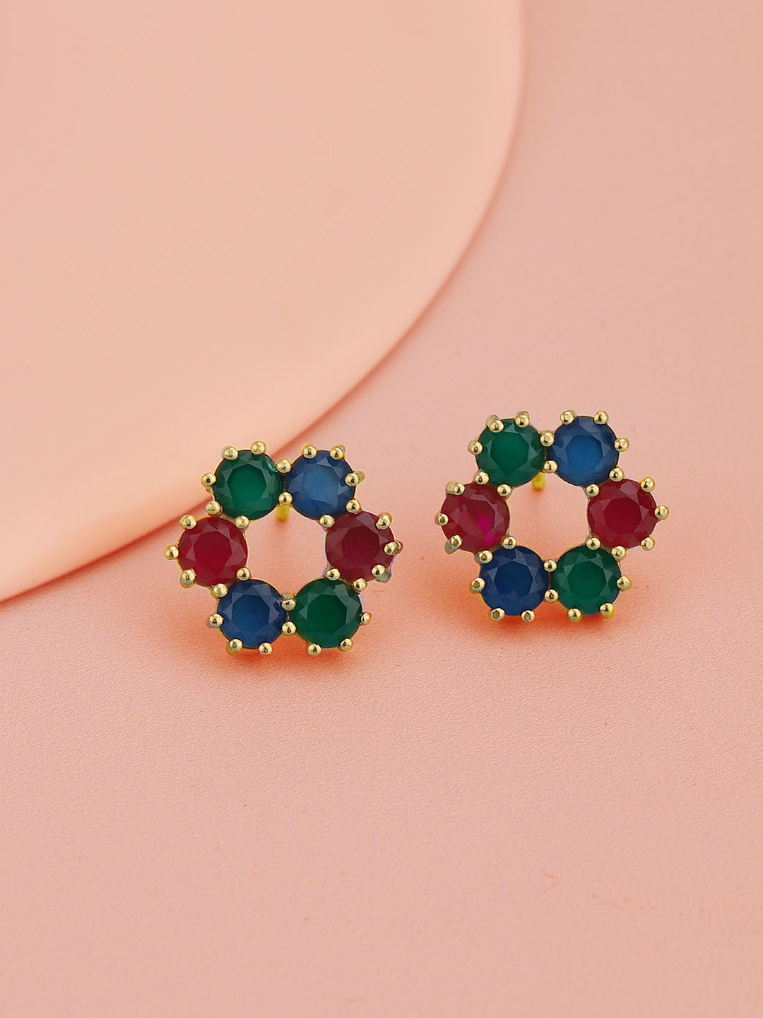 Carlton London Green & Navy Blue Gold-Plated Artificial Stone Studded Floral Studs
