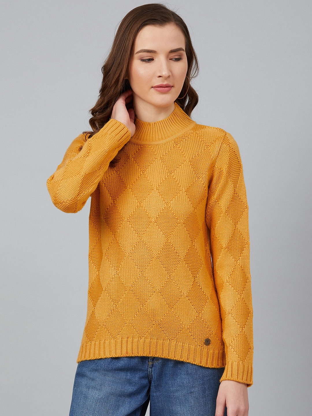 Cayman Women Mustard Yellow Argyle Self Design Pullover