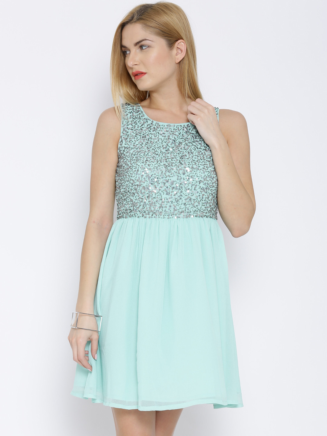 Buy Vero Moda Mint Green Embellished Fit & Flare Dress