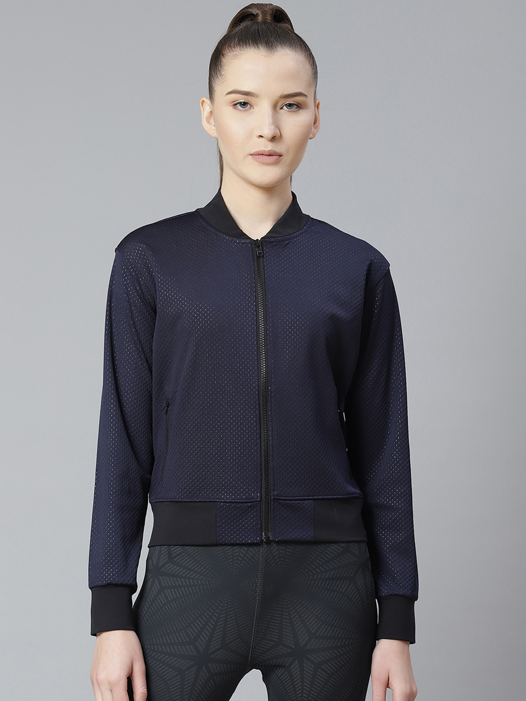 skyria Women Navy Blue Self Design Bomber Jacket