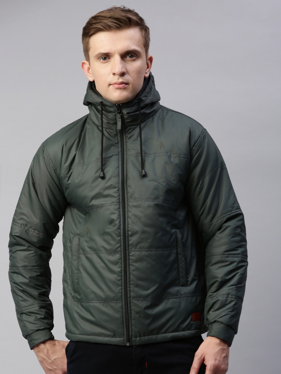UNSULLY Men Olive Green Solid Hooded Windcheater Puffer Jacket
