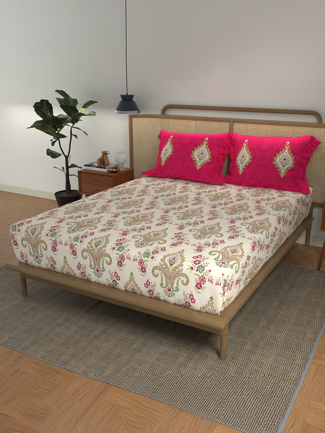 URBAN SPACE Serene Red Ethnic Motifs Cotton 180 TC King Superfine Bedsheet with 2 Pillow Covers-96 x 89 inches