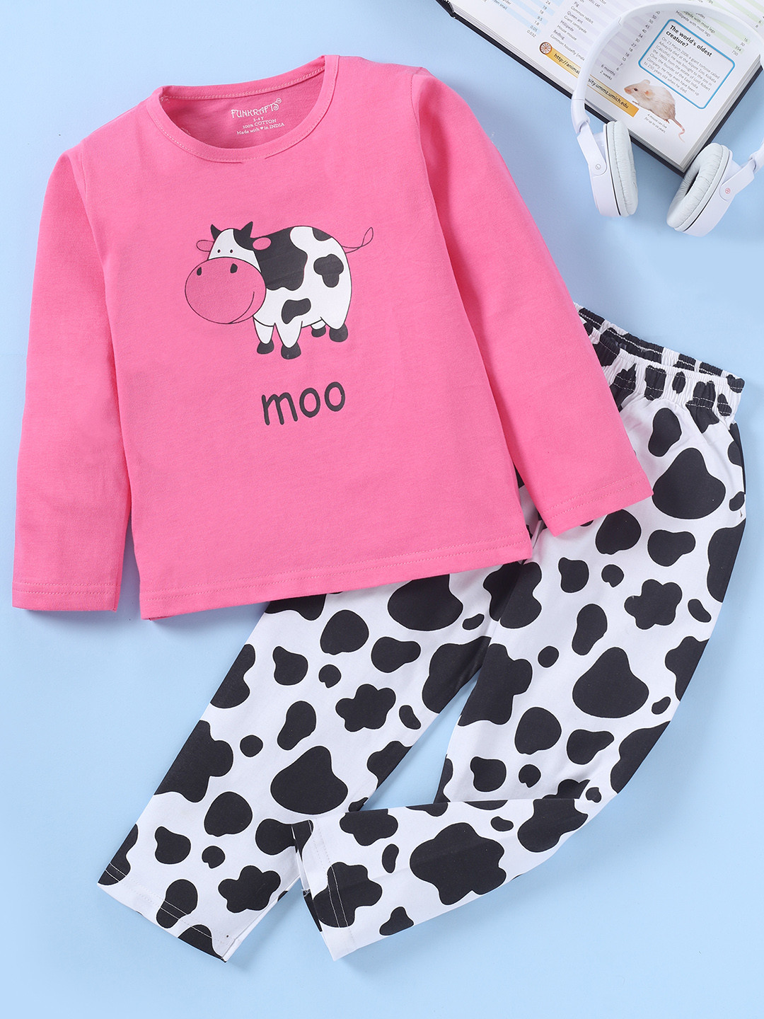 FUNKRAFTS Girls Pink & White Printed Night suit