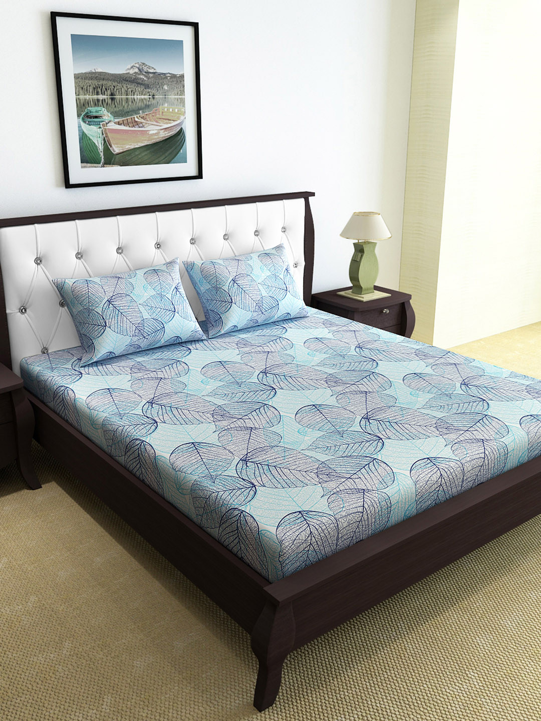 Divine Casa Blue Leaf Cotton 120 TC Queen Bedsheet with 2 Pillow Covers-222m x 240 cm