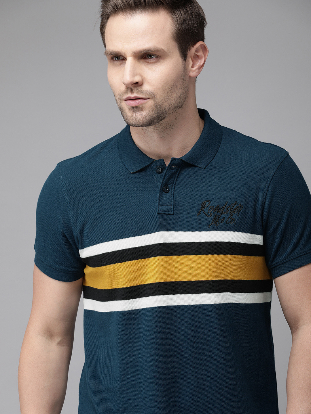 Roadster Men Teal Striped Polo Collar Pure Cotton T-shirt