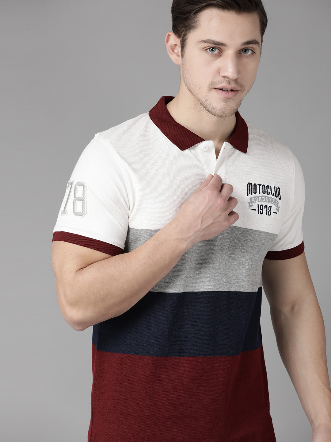 Roadster Men White & Maroon Colourblocked Polo Collar T-shirt