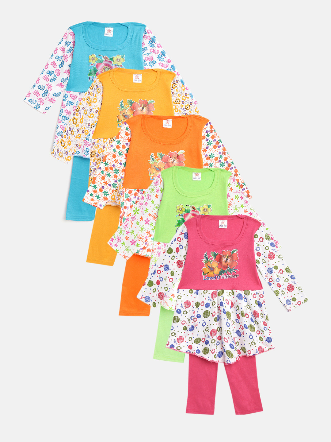 MANZON Girls Pack of 5 Printed Tunics with Trousers