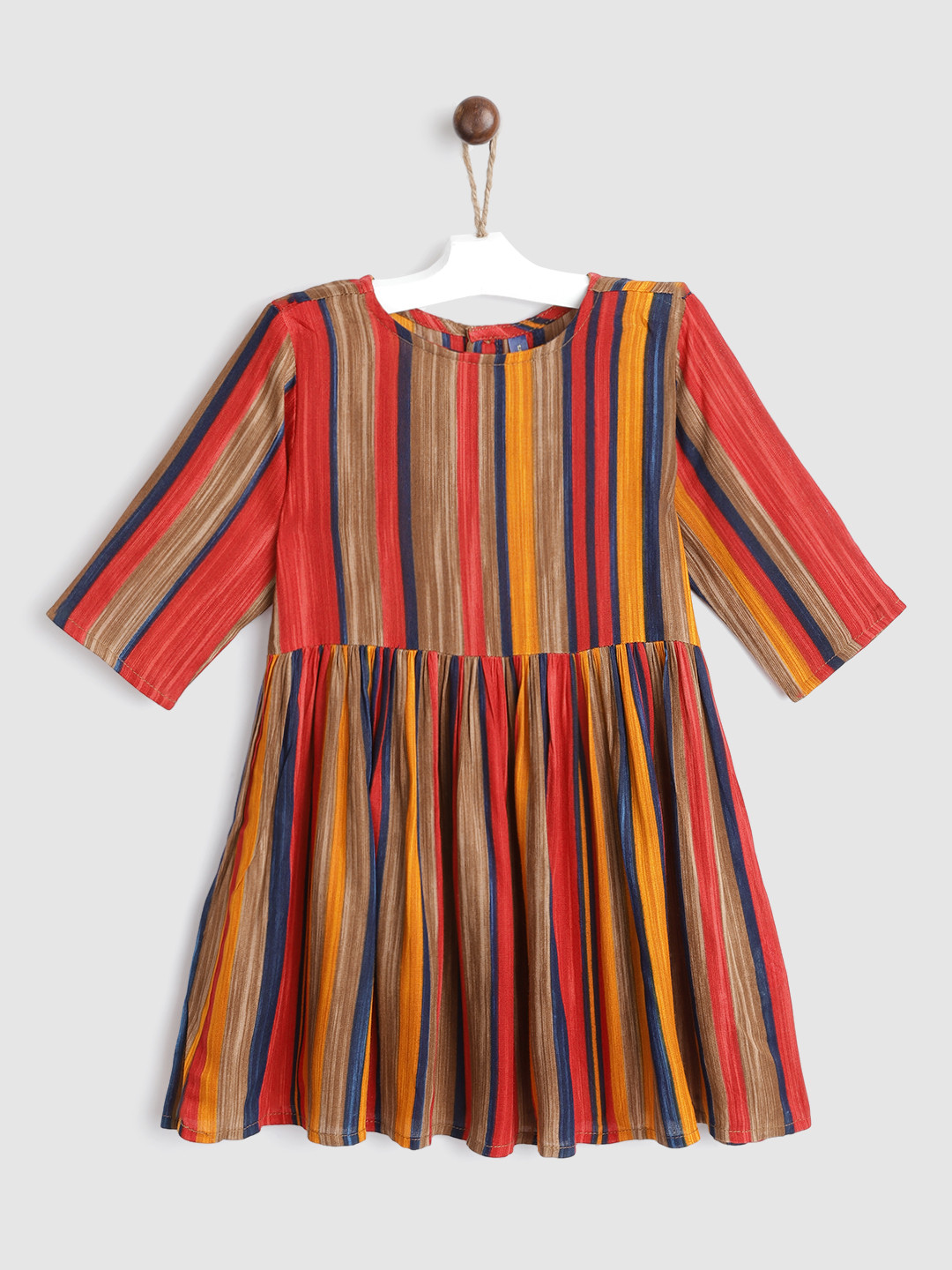 YK Girls Red & Mustard Yellow Striped Fit & Flare Dress