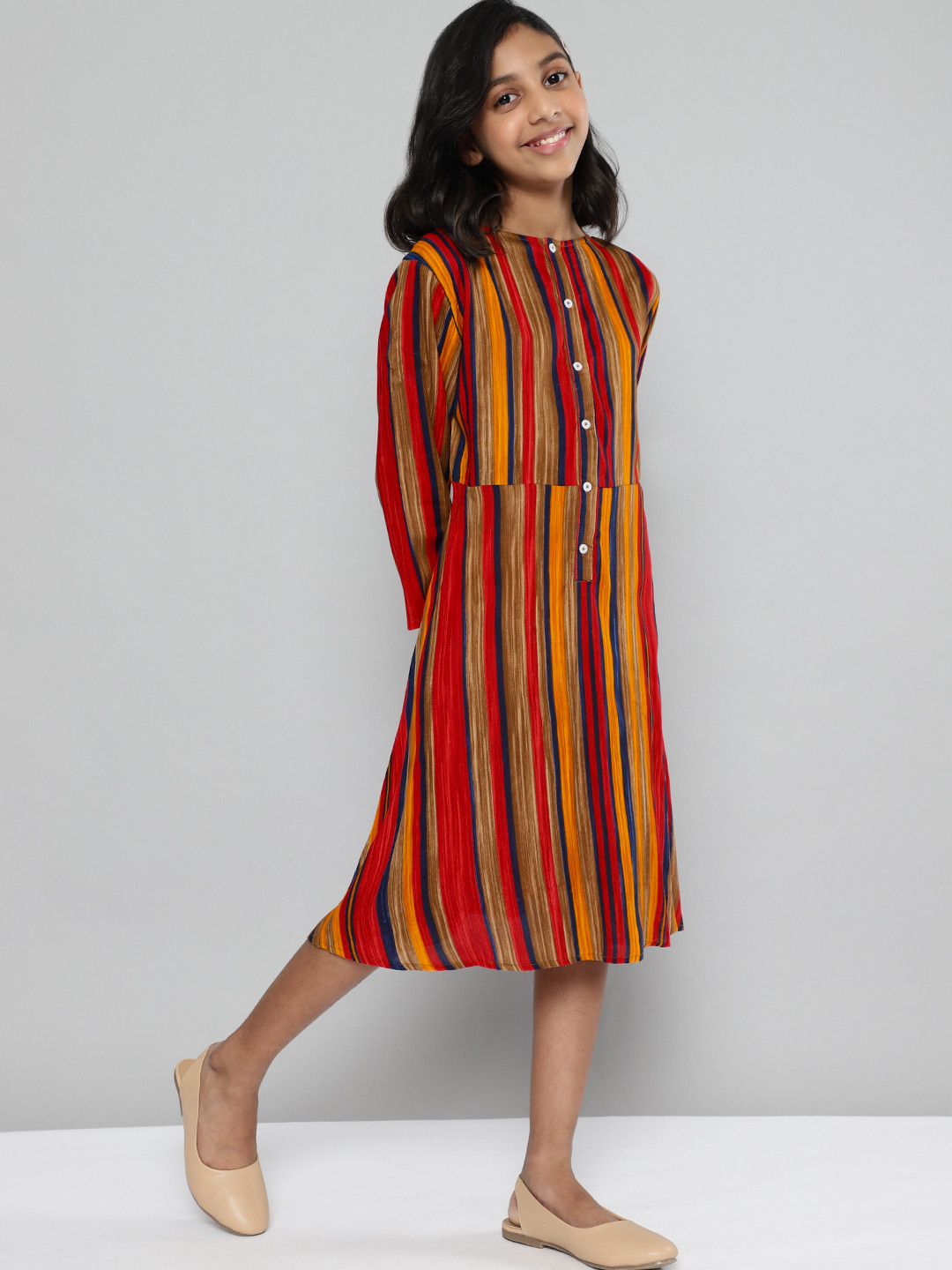 YK Girls Red & Brown Striped A-Line Dress